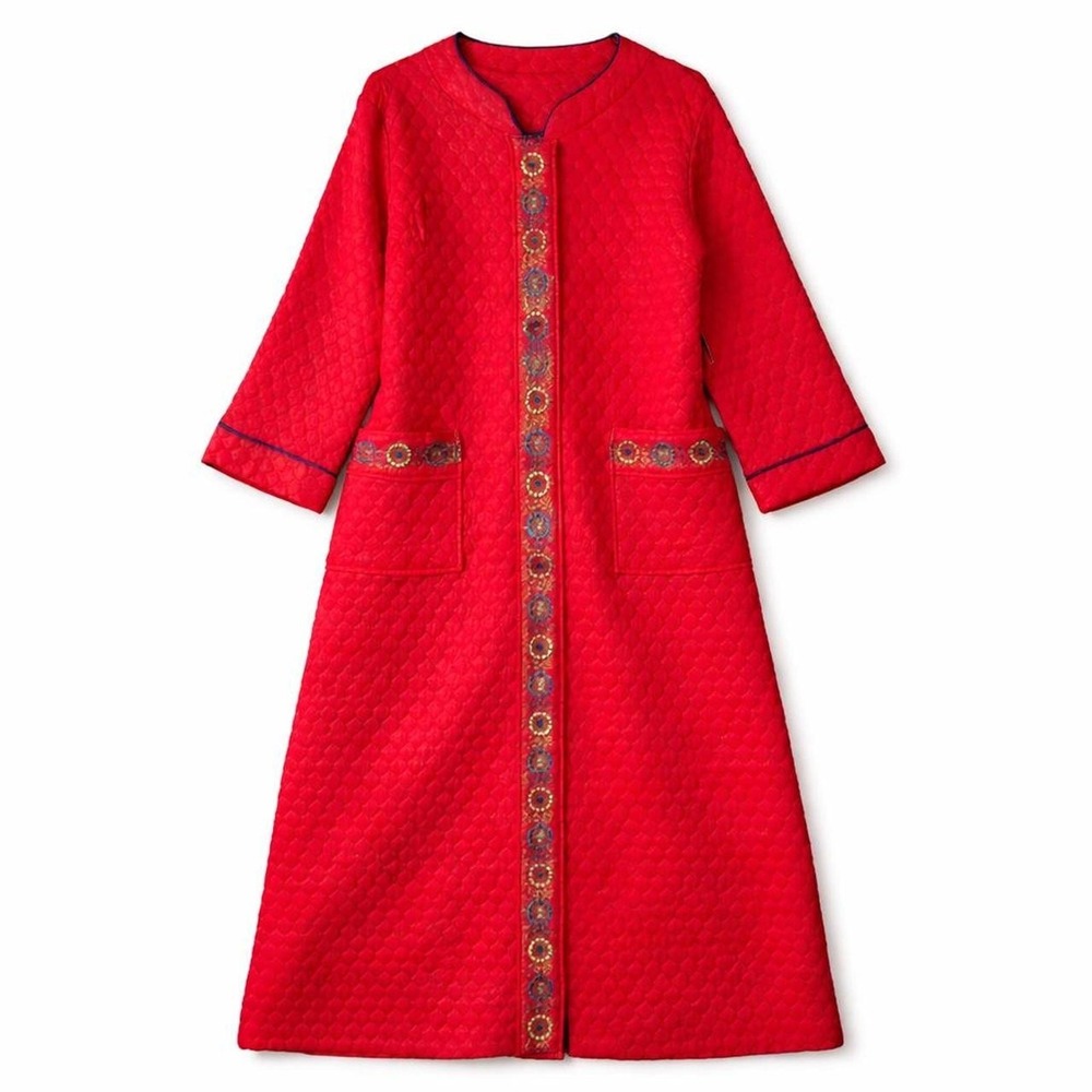 Vtg 70s Housecoat Red Quilted Robe Floral Embroidered Deadstock Boho Hippie